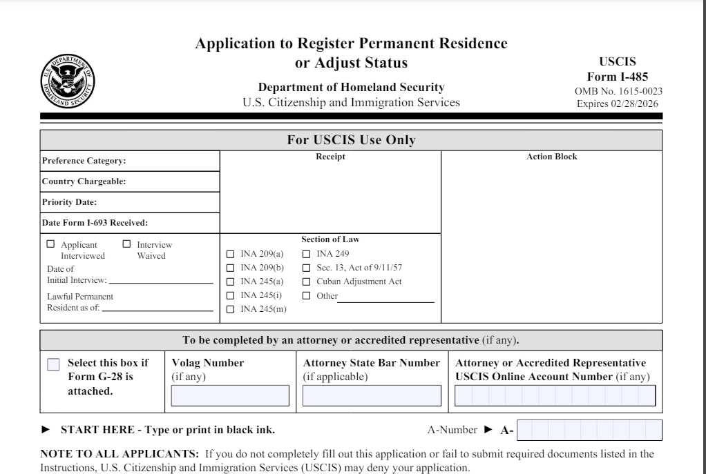 Mẫu đơn I-485 (Mẫu đơn chuyển đổi trạng thái thường trú nhân) dành cho những người nộp đơn xin cấp Thẻ xanh Mỹ tại nước Mỹ