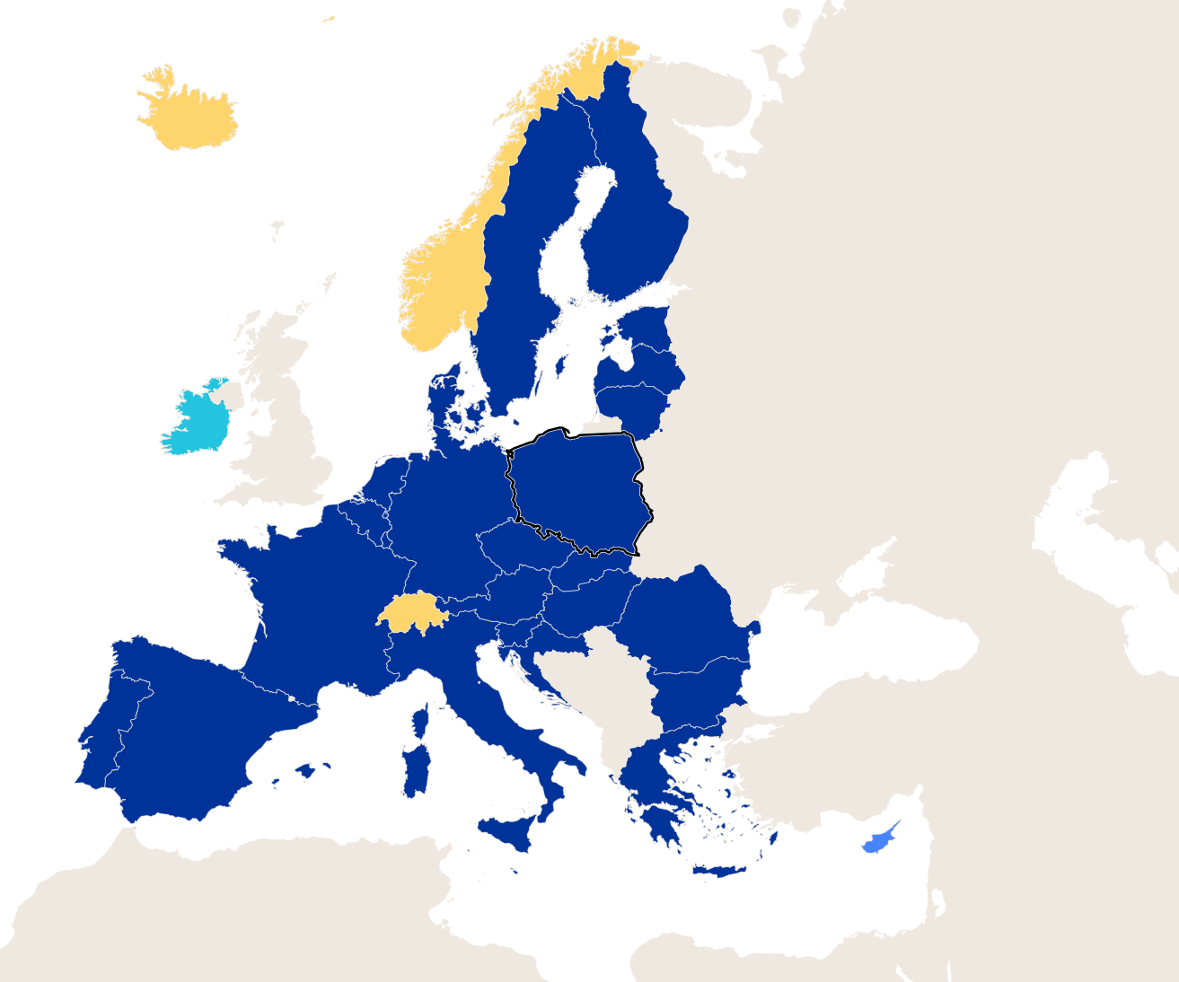 Bản đồ các quốc gia thành viên Schengen