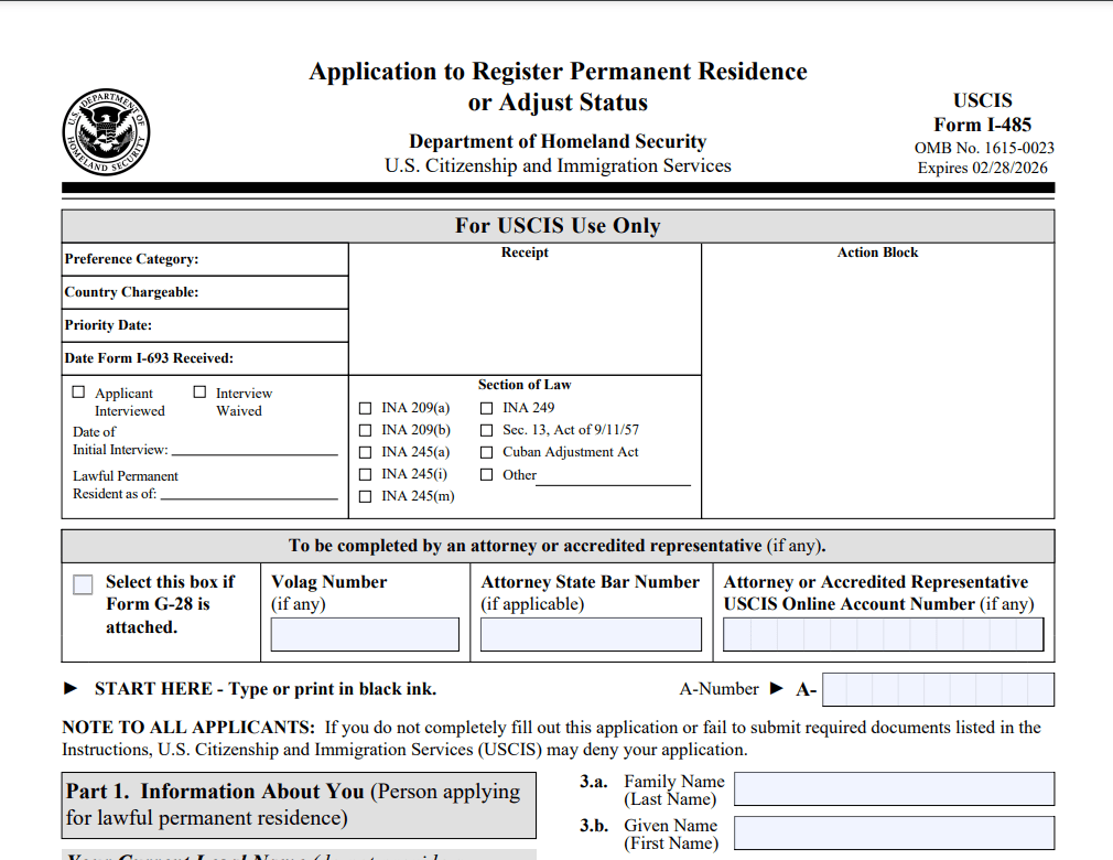 Mẫu đơn I-485 (Đăng ký thường trú hoặc Điều chỉnh tình trạng) được sử dụng đến ngày 28/02/2026