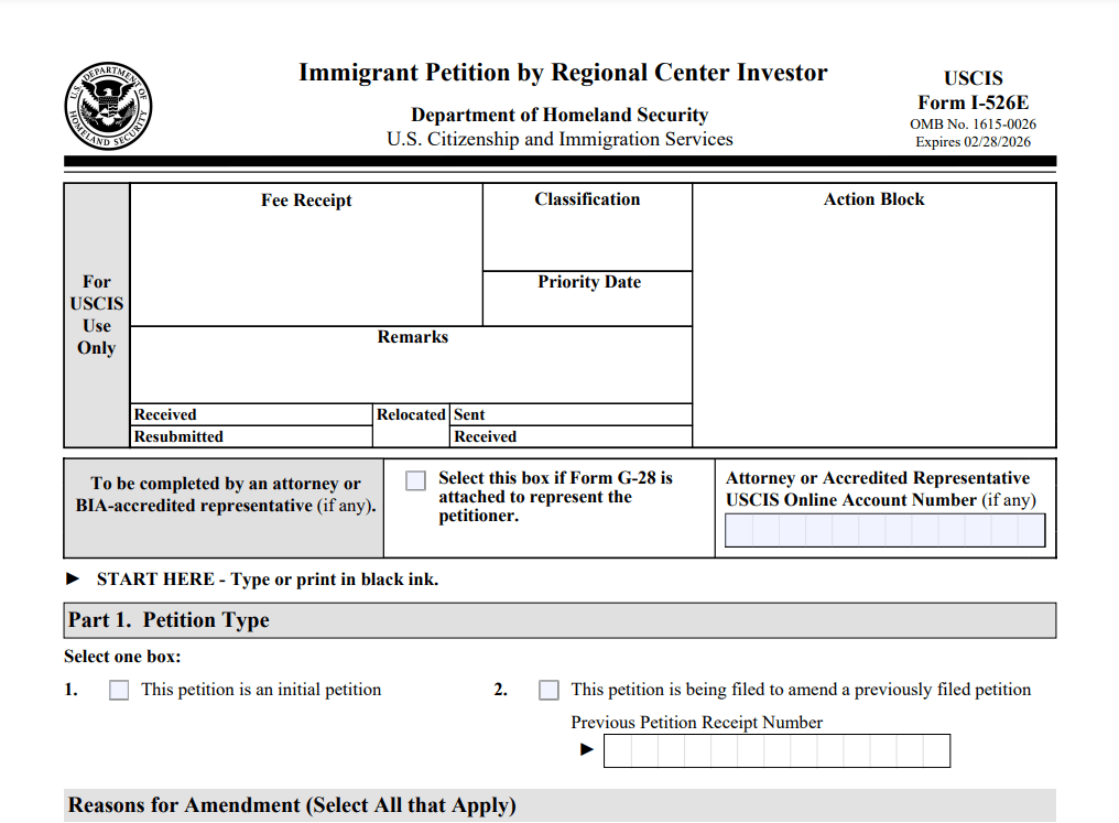 Mẫu đơn I-526E được sử dụng đến ngày 28/02/2026 
